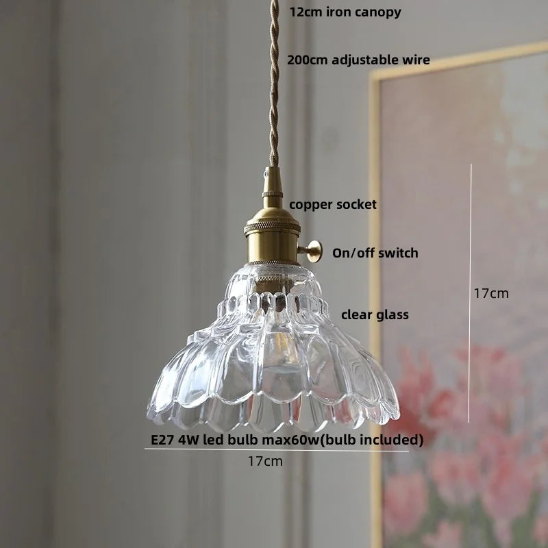 Pendant light with clear glass shade and brass fixture, labeled with dimensions and features.