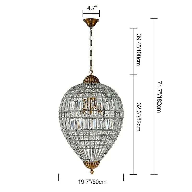 Decorative pendant light with dimensions on a white background