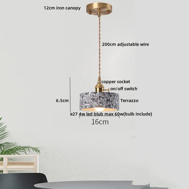 Pendant light with labeled dimensions on a white background