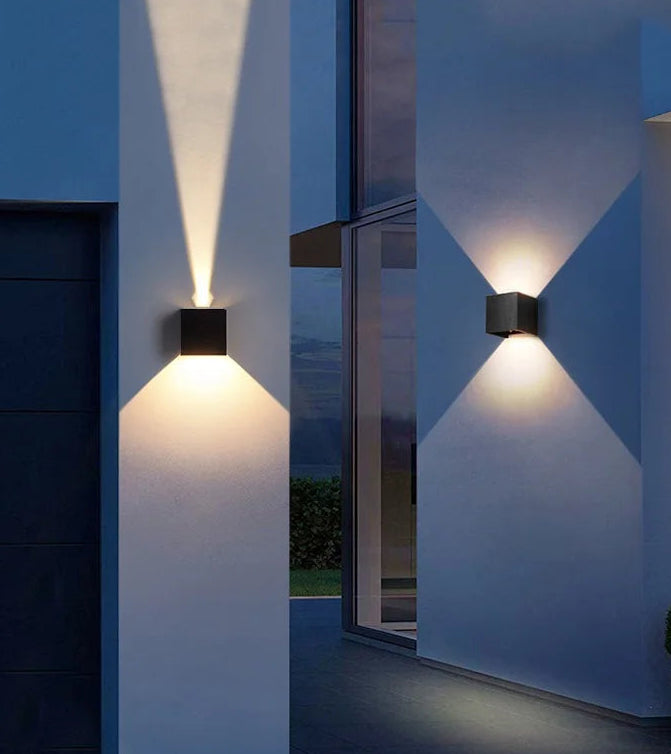 Modern outdoor wall lights on a building exterior
