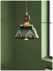 Green Ceramic Bell Pendant Light Hand Painted Floral Design