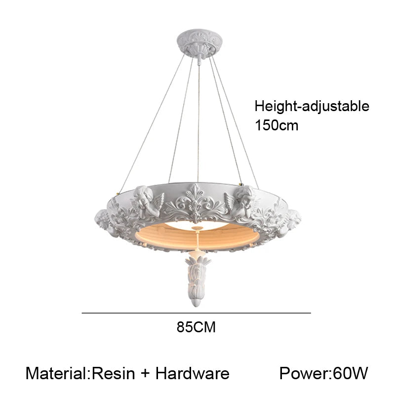 Decorative pendant light with dimensions and material details on a white background