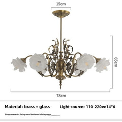 Brass Floral Chandelier with Rose Buds and Frosted Glass Bell Shades