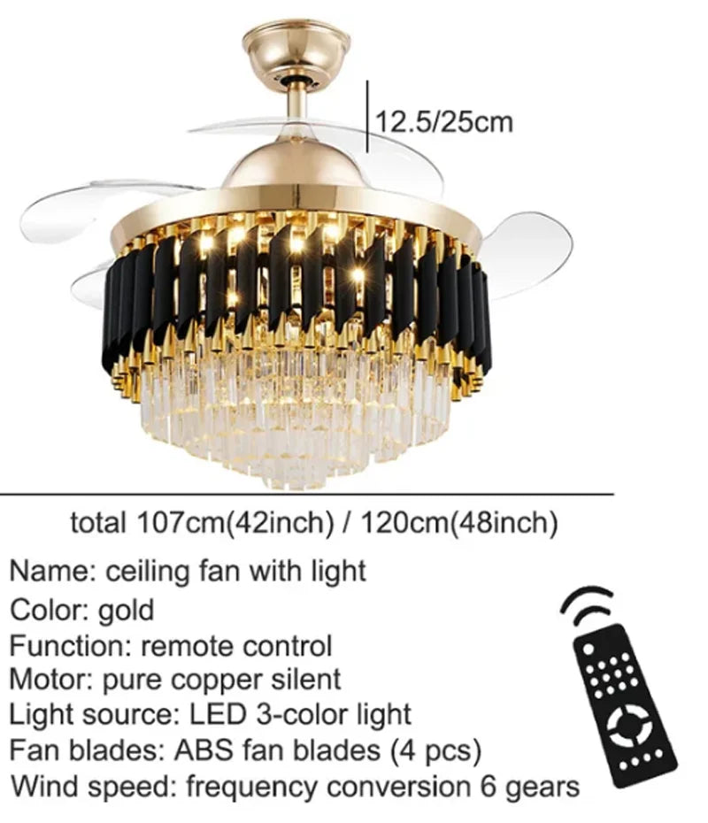 Ceiling fan with light fixture and remote control, gold color, dimensions, and specifications.