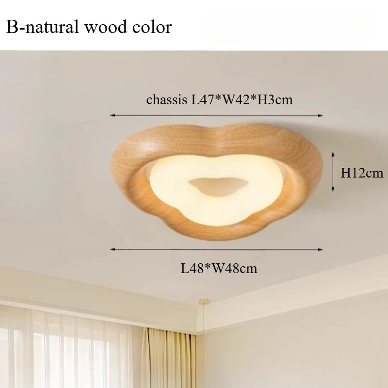 Wooden ceiling light fixture with dimensions labeled on a neutral background