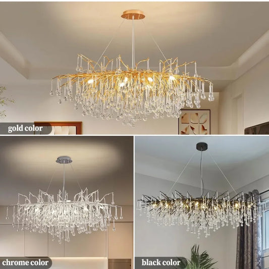 A collage showcasing the chandelier in gold, chrome, and black finishes, with labels indicating color temperatures.