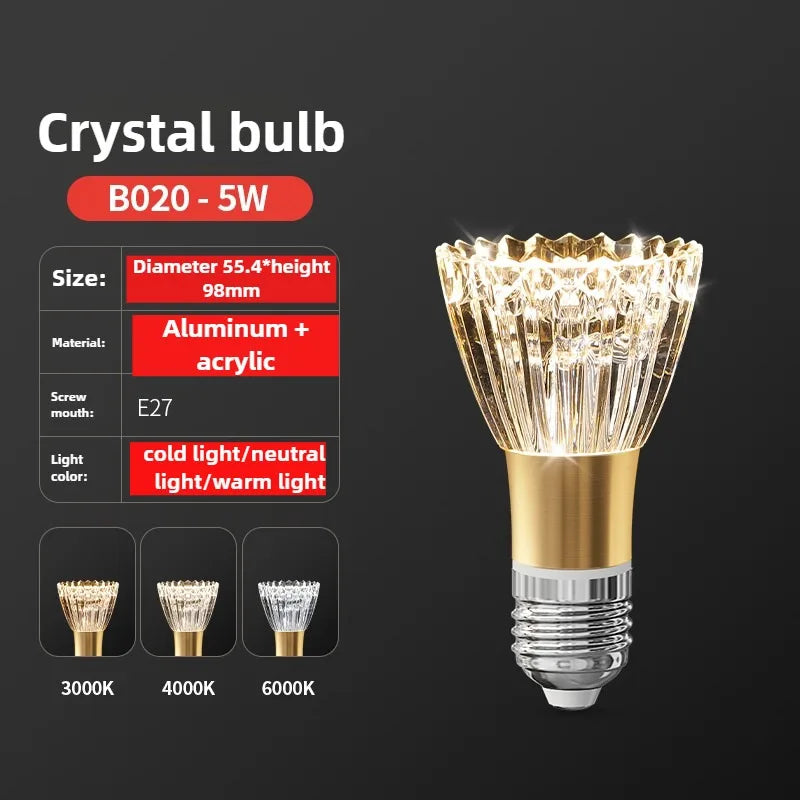 Crystal bulb with specifications on a dark background