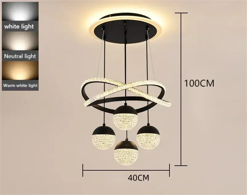 Chandelier with dimensions and light color options on a beige background