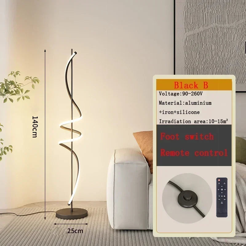 Modern floor lamp with spiral design next to technical specifications card in a room.