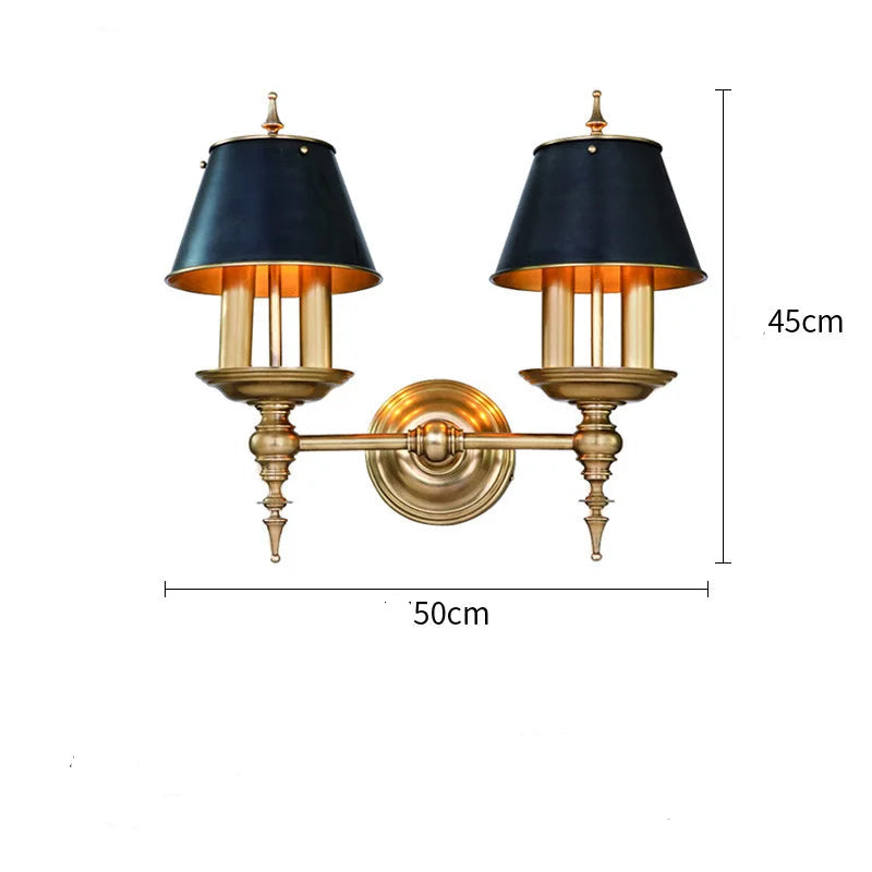 Wall lamp with black lampshades and gold fixtures, showing dimensions on a white background.