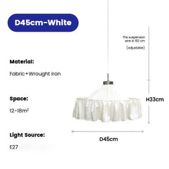 White Fabric Pleated Pendant Light with Gold Accents and Ruffled Shade