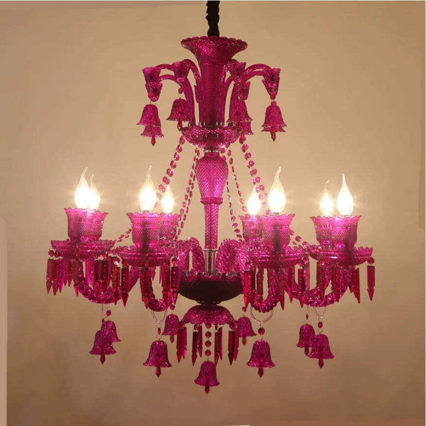 Pink crystal tiered candelabra chandelier showcasing intricate details and cascading droplets.