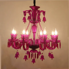 Pink crystal tiered candelabra chandelier showcasing intricate details and cascading droplets.