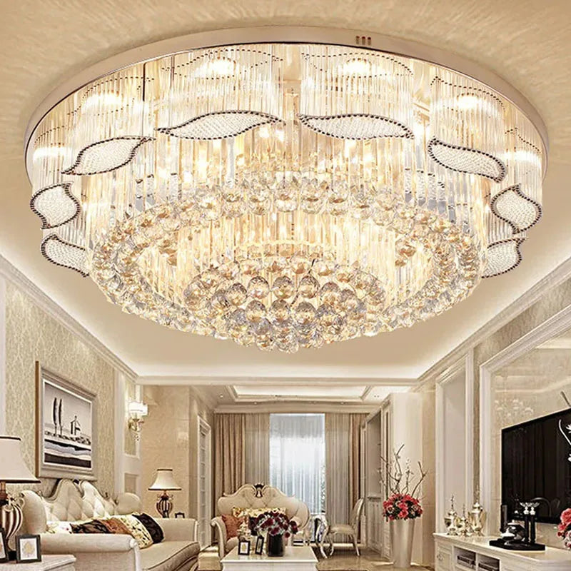Luxurious chandelier in a living room setting with elegant decor.