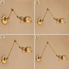 Four diagrams labeled A, B, C, D, illustrating different arm lengths and configurations of a brass swing arm wall sconce.