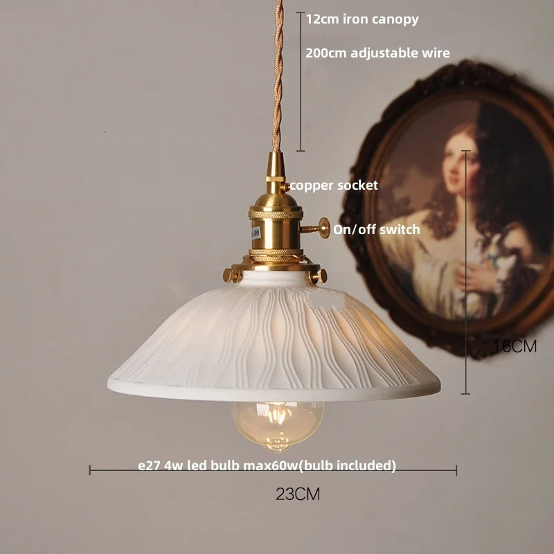 Pendant light with measurements on a neutral background