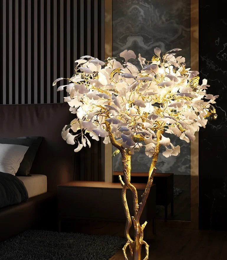 Decorative floor lamp with floral design in a room setting