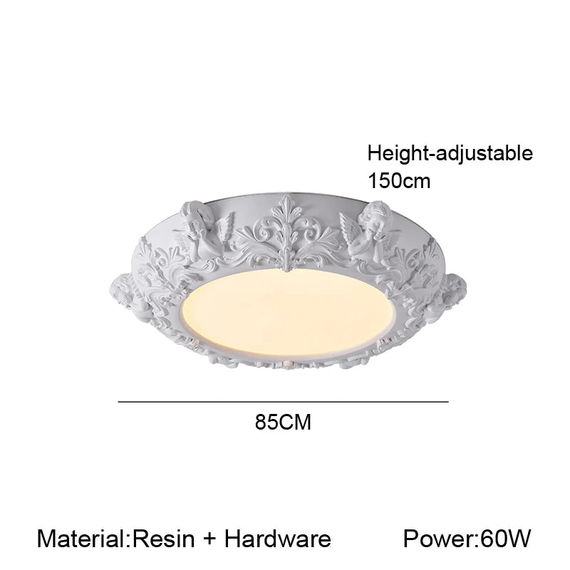 Decorative ceiling light with dimensions and material details on a white background