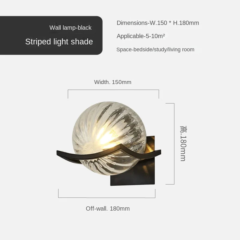 Wall lamp with striped light shade and dimensions on a white background