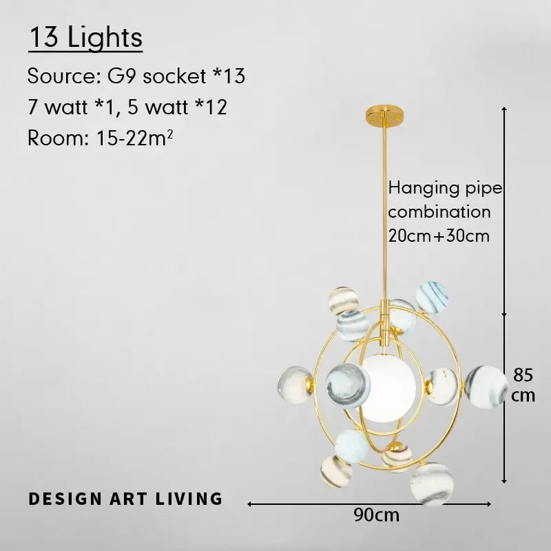 Chandelier with specifications on a light gray background