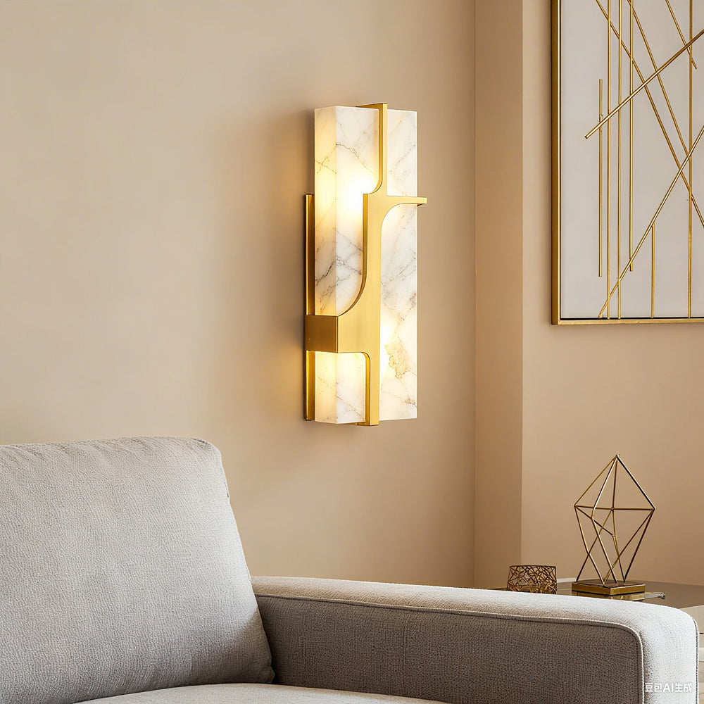 Alabaster marble LED wall sconce in copper frame for modern living room walls