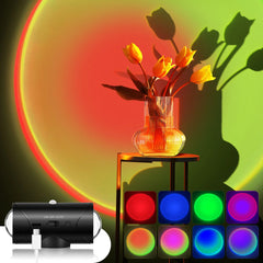 “Up and down wall light with multi-color ambience near a sofa and decor.”