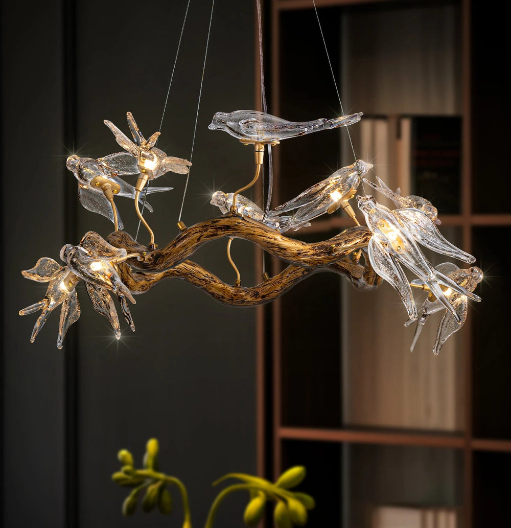 “Art deco resin ceiling lamp with clear glass swallow figures”