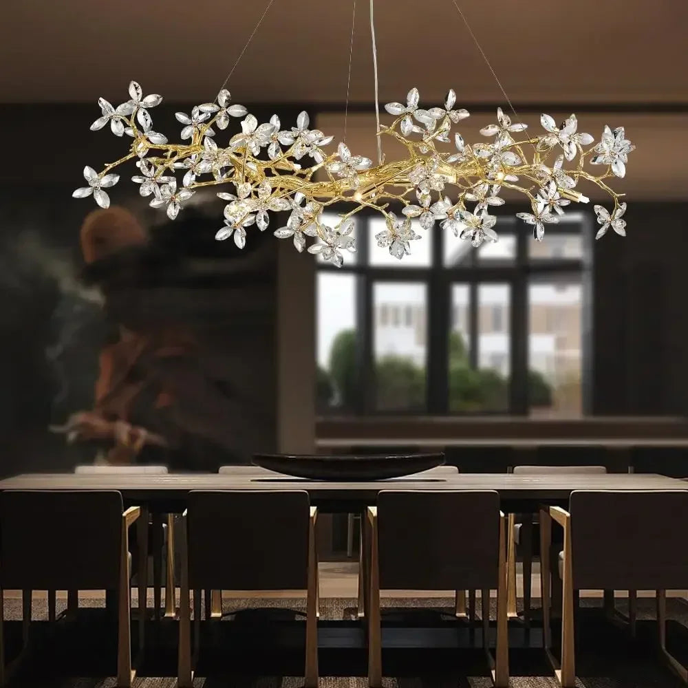 “Golden modern semiflush ceiling light with crystal flowers”
