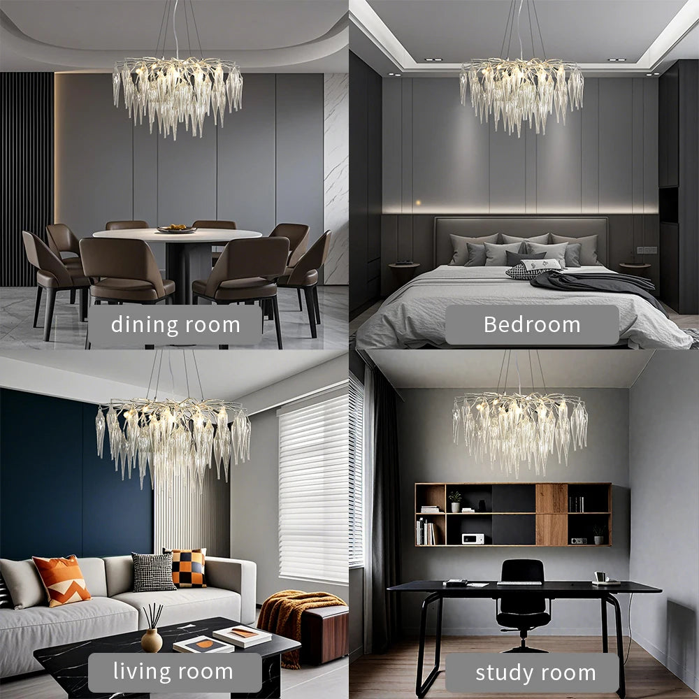 “Designer bedroom chandelier with clear and amber glass shades”