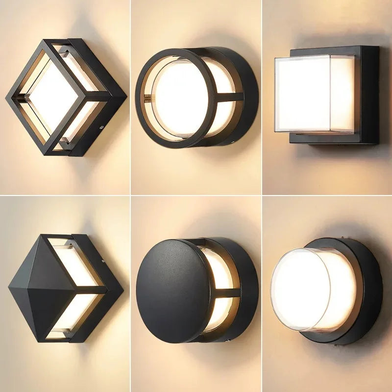 Collage of six different wall-mounted outdoor lights with various geometric designs.