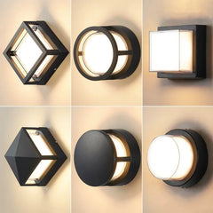 Collage of six different wall-mounted outdoor lights with various geometric designs.