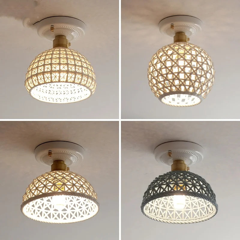 “Blue ceramic ceiling light with hollow-out shade and copper socket”