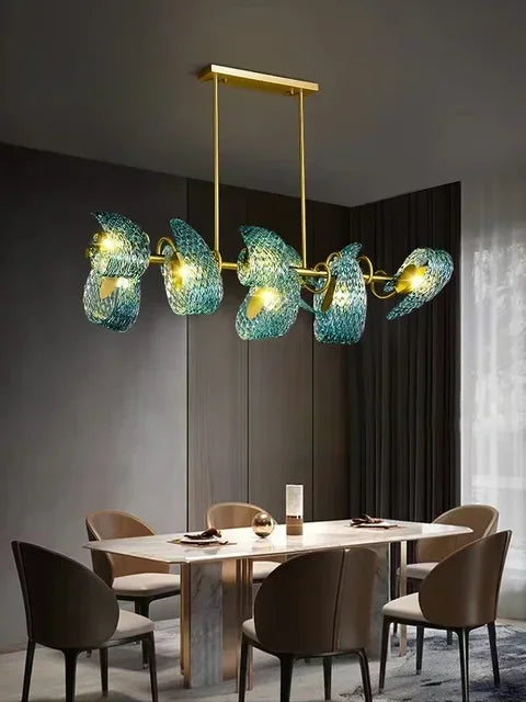 “Peacock leaf blue pendant light with gold frame for restaurant or home”