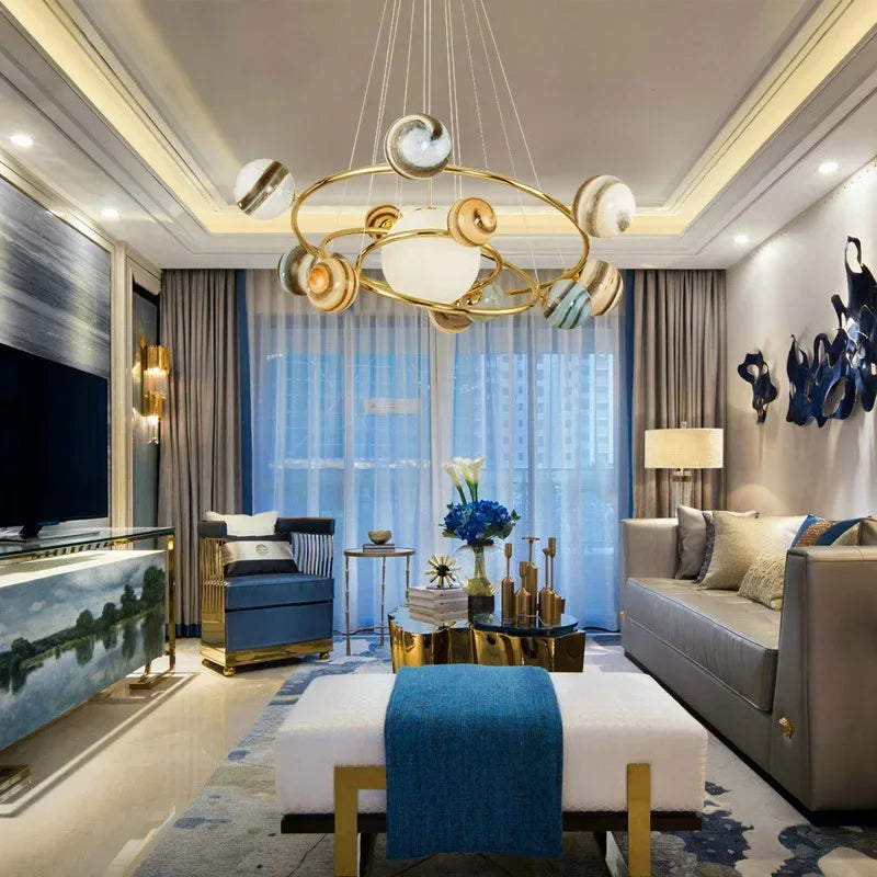 Decorative planet-themed chandelier as a stylish centerpiece in a boys’ room