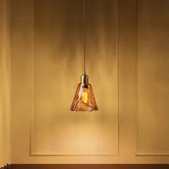 “Contemporary retro-style amber hanging lamp, adjustable cord, modern decor”