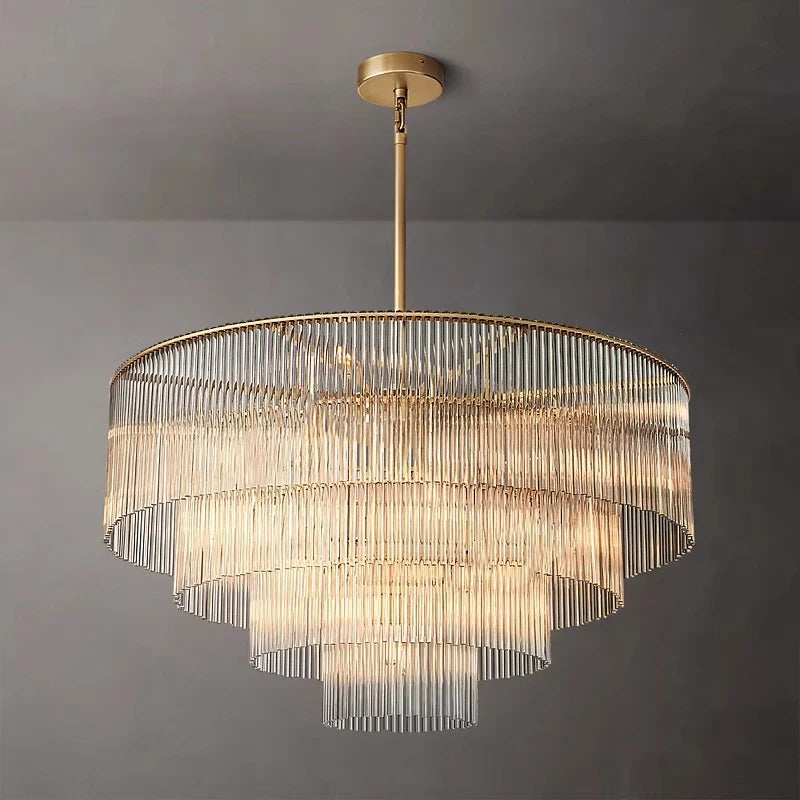 Brass and clear glass Art Deco chandelier with layered shade design