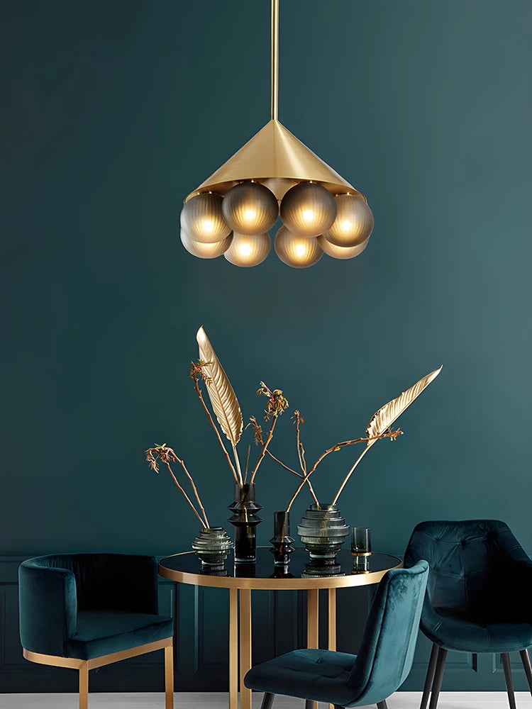 Bubble glass pendant chandelier with six lights for dining table illumination