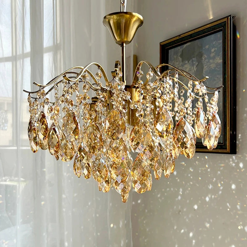 Certified chain pendant light with amber crystals for hotel or home hall decor