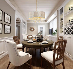 Coastal style chandelier with soft warm 2700K light and crystal accents