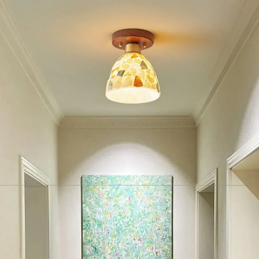 “Ceiling lamp with gold copper base and colored glass mosaic shade”