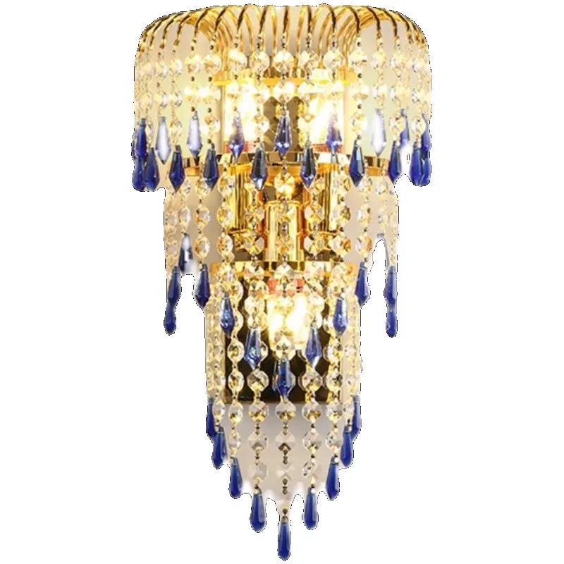 stainless steel wall lamp with cascading crystal accents in a hallway