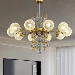 “Contemporary globe chandelier in dining area”