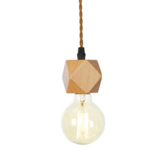 Light bulb with wooden geometric shade on a white background