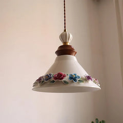 “Cottagecore pastel flower pendant light with adjustable drop, plug-in compatible”