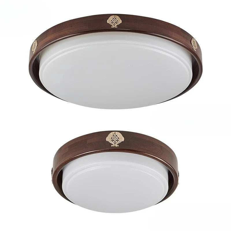 “Cozy round flush light with wood rim and acrylic shade, 3-year warranty”
