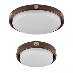“Cozy round flush light with wood rim and acrylic shade, 3-year warranty”