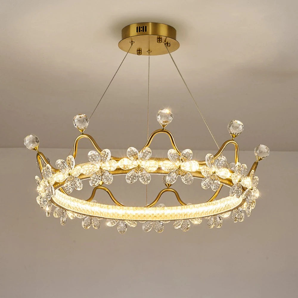 Modern crown crystal LED pendant chandelier with circular glowing ring