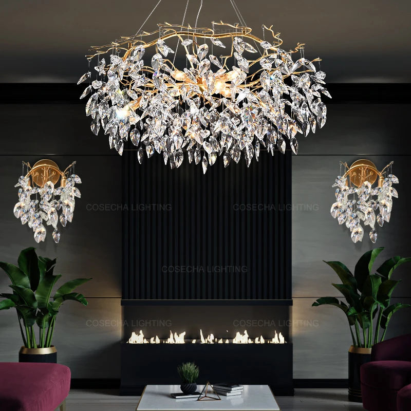 Luxurious chandelier with crystal accents in a modern living room setting.