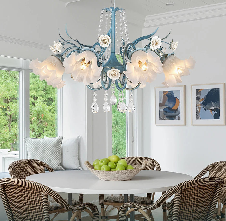 “Designer floral chandelier for dining or living room, blue and crystal”