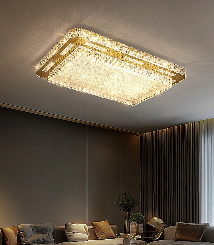 Gold dimmable LED chandelier surface mounted on a low ceiling in a stylish bedroom